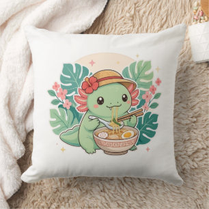 Cojín Decorativo Cute Kawaii Axolotl Verde Comiendo Fideos Ramen