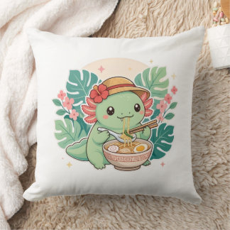 Cojín Decorativo Cute Kawaii Axolotl Verde Comiendo Fideos Ramen