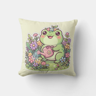Cojín Decorativo Cute Kawaii Rana Jardinería Corona de Flores Funda