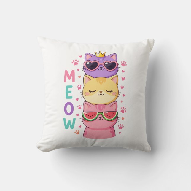 Cojín Decorativo Cute Kawaii Stacked Cats Sunglasses Meow (Anverso)