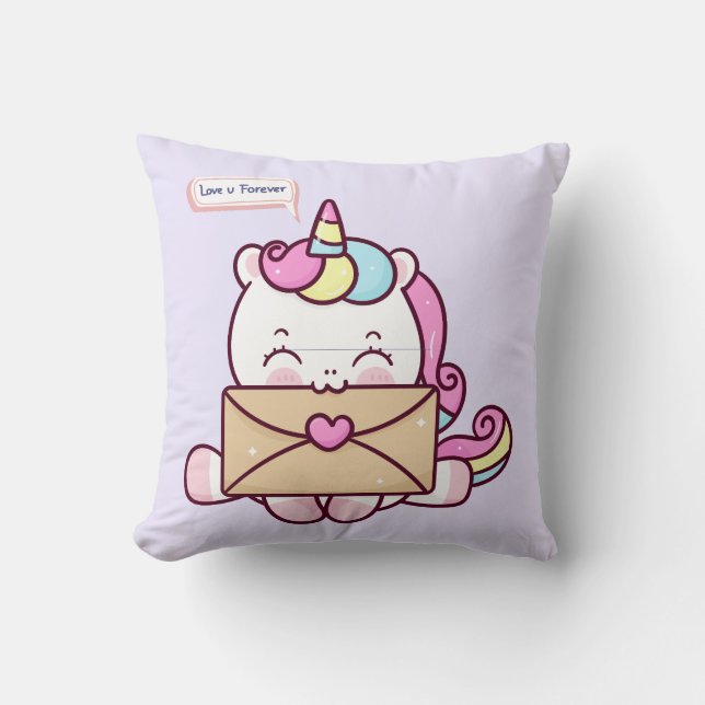 Cojín Decorativo Cute Kawaii Unicorn Love Illustration (Anverso)