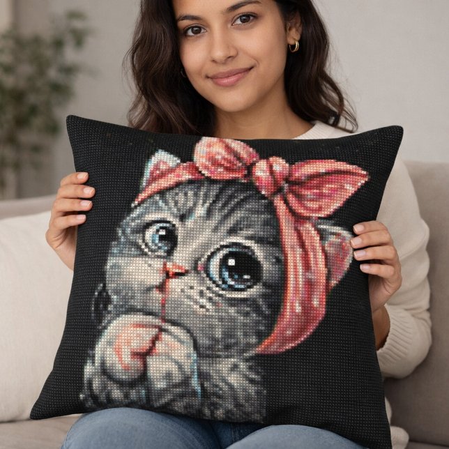 Cojín Decorativo Cute Kitten Bow Cross Stitch Throw Pillow (Subido por el creador)