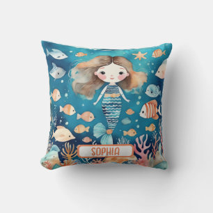 Cojín Decorativo Cute Little Mermaid Bajo El Mar con Coral Fish