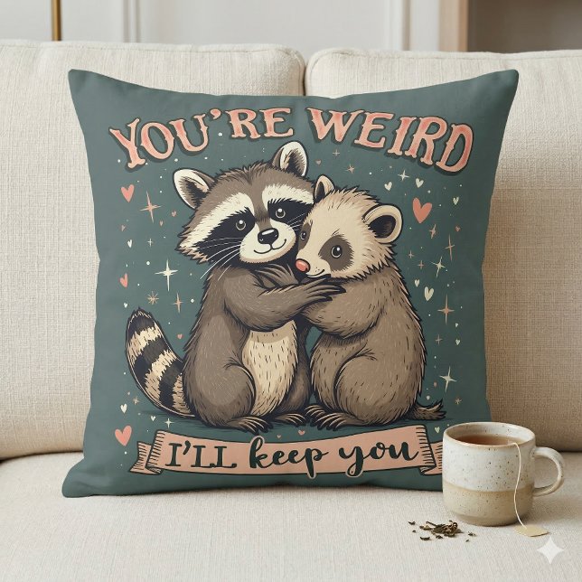 Cojín Decorativo Cute mapache y Ferret Hug con graciosa cita (Cute Raccoon and Ferret Hug with Funny Quote Throw Pillow Mockup A)