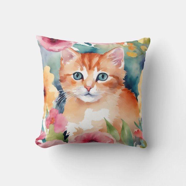 Cojín Decorativo Cute Naranja Kitten Flores acuáticas (Anverso)