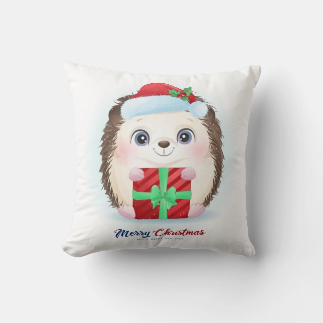 Cojín Decorativo Cute Navidades acuarela Hedgehog Nursera (Anverso)