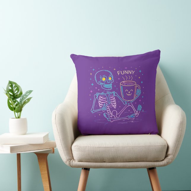 Cojín Decorativo Cute Neon Skeleton Drinking Coffee – Funny Pastel  (Silla)