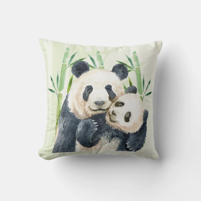 Cojín Decorativo Cute Panda Pair y acuarela de bambú (Anverso)