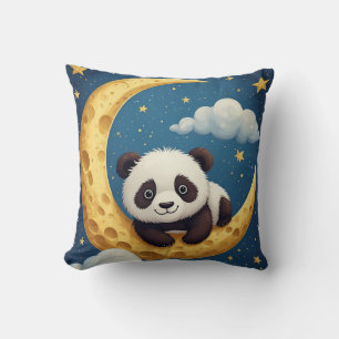 Cojín Decorativo Cute Panda Sentado en una Luna Creciente Dorada