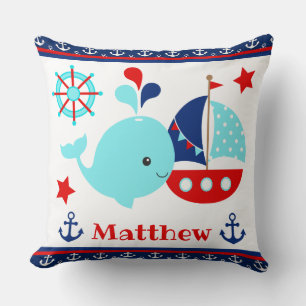 Cojín Decorativo Cute Patrón de Ballena Azul Náutica y Anclas