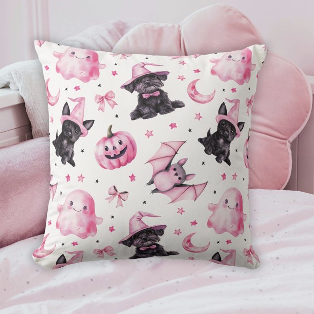 Cojín Decorativo Cute Pink Halloween Ghosts & Dogs Throw Pillow (Cute Pink Halloween Ghosts & Dogs Throw Pillow)