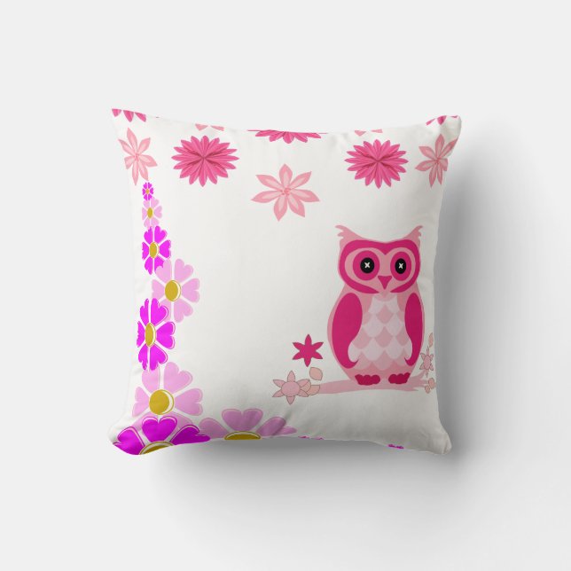 Cojín Decorativo Cute Pink Owl Decorative White Throw Pillow (Anverso)