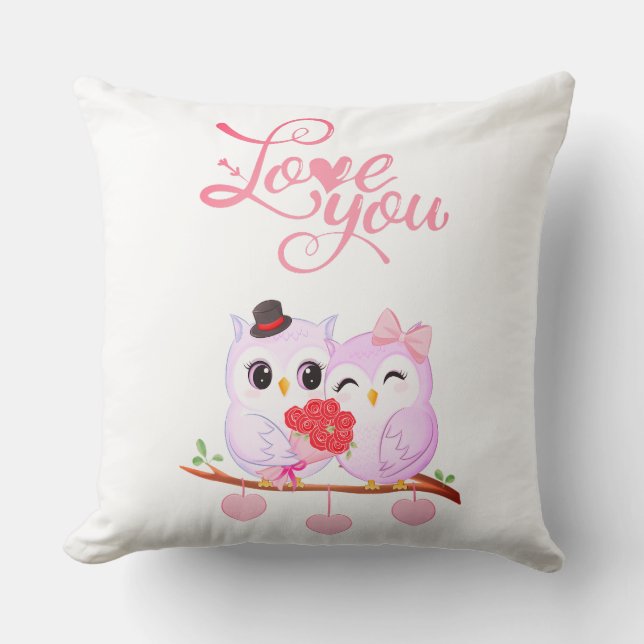 Cojín Decorativo Cute Pink Owls Couple Valentine Heart  (Anverso)