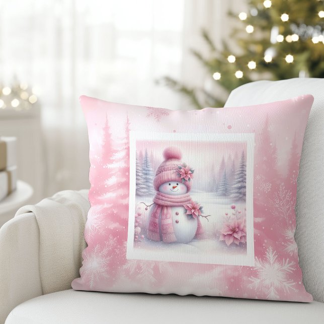 Cojín Decorativo Cute Pink Snowman Christmas Scene Pinkmas Pillow (Cute Pink Snowman Christmas Scene Pinkmas Pillow)