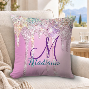 Cojín Decorativo Cute Pink Unicorn Rainbow Glitter Drips monograma