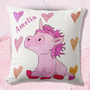 Cojín Decorativo Cute Pink Unicorn y Corazones Nombre Femenino