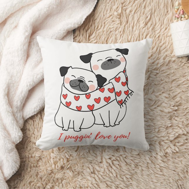 Cojín Decorativo Cute Pug Couple with Hearts Illustration (Manta)