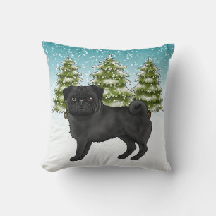 Cojín Decorativo Cute Pug Negro Perro De Dibujos Animados Bosque In