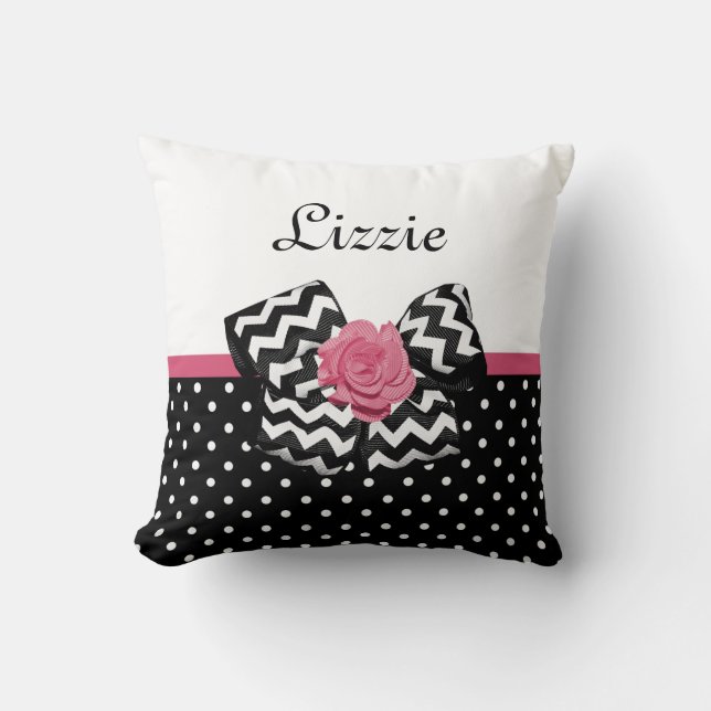 Cojín Decorativo Cute puntos negros rosados rosados chevron y nombr (Anverso)