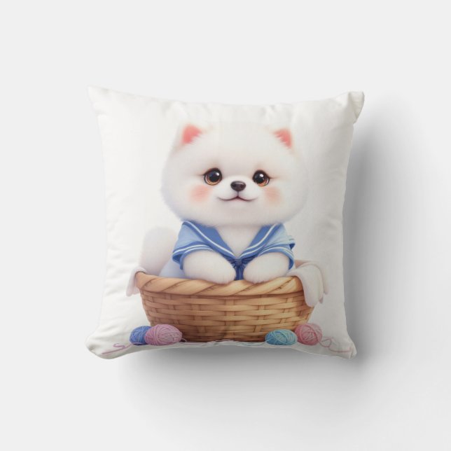 Cojín Decorativo Cute Puppy in Basket Throw Pillow (Anverso)
