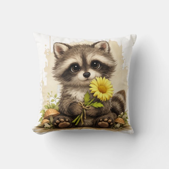 Cojín Decorativo Cute Raccoon Flower Pillow Kawaii Animal (Anverso)