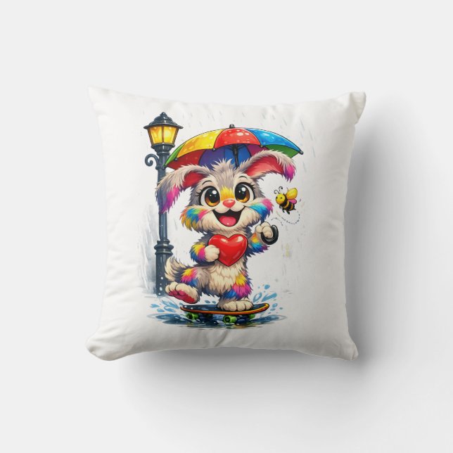 Cojín Decorativo Cute Rainbow Bunny with Umbrella Design (Anverso)
