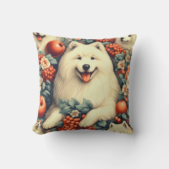 Cojín Decorativo Cute Samoyed Floral Pintura (Anverso)