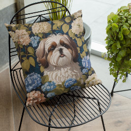 Cojín Decorativo Cute Shih Tzu Puppy Flores de hidrangea azul