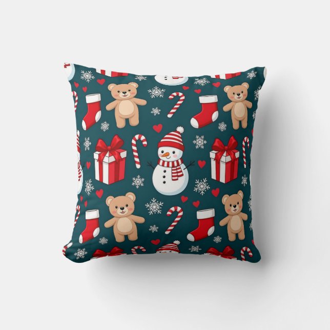 Cojín Decorativo Cute Snowman & Teddy Christmas Throw Pillow (Anverso)