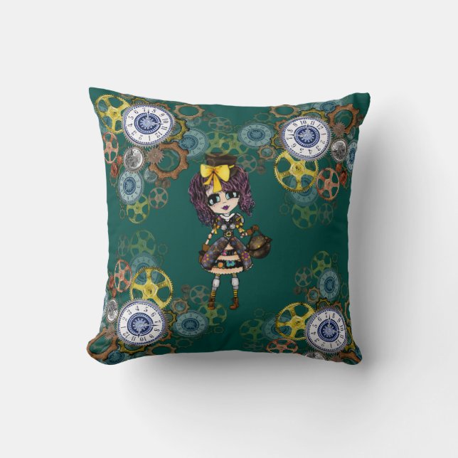 Cojín Decorativo Cute Steampunk Chica Pinky Kawaii Chibi, por LeahG (Anverso)