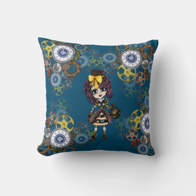 Cojín Decorativo Cute Steampunk Chica Pinky Kawaii Chibi, por LeahG (Anverso)