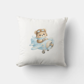 Cojín Decorativo Cute Teddy Bear Pilot in Blue Airplane | Adorable