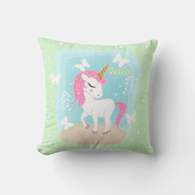 Cojín Decorativo Cute unicorn con mariposas. (Anverso)