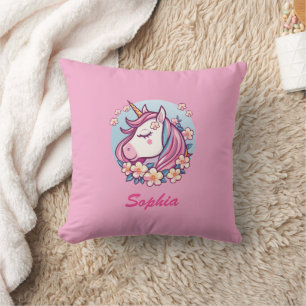 Cojín Decorativo Cute Unicorn & Flores, Personalizar Nombre