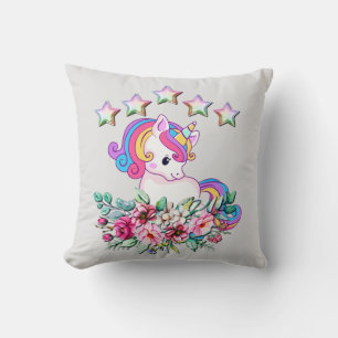 Cojín Decorativo Cute Unicornio, Estrellas Coloridas Y Floral Acuar