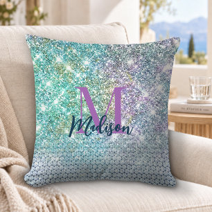 Cojín Decorativo Cute unicornio turquesa monograma de purpurina fal