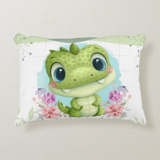 Cojín Decorativo Cute Verde Dinosaurio Floral Tema personalizado (Anverso)