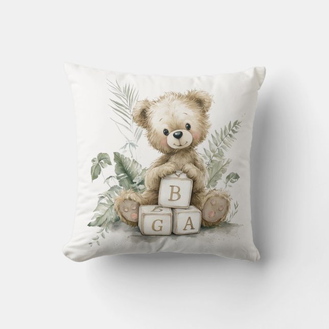 Cojín Decorativo Cute Watercolour Teddy with wooden blocks (Anverso)