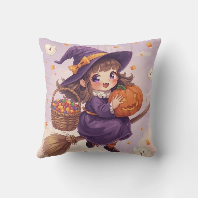 Cojín Decorativo Cute Witch with Pumpkin Halloween Pillow (Reverso)