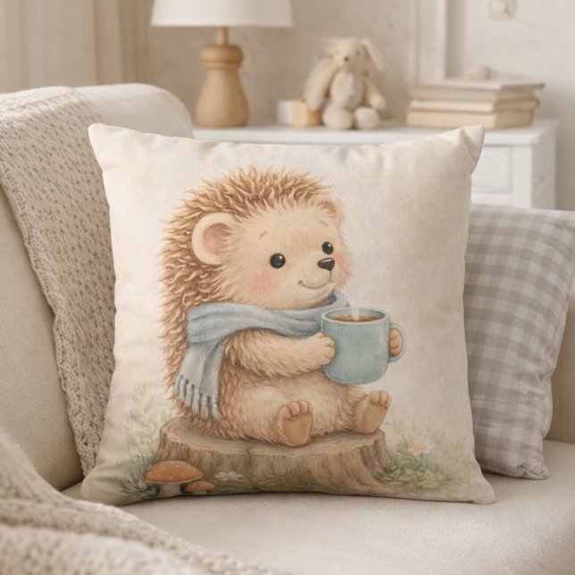 Cojín Decorativo Cute Woodland Hedgehog with Mug Neutral Kids Room (Subido por el creador)