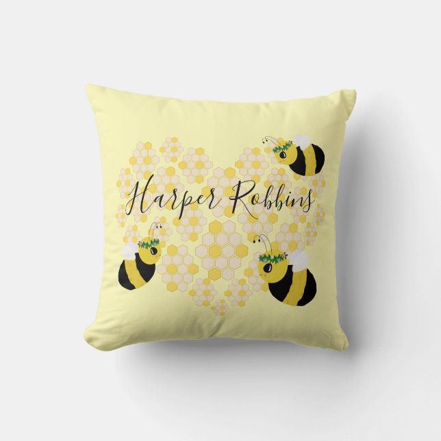 Cojín Decorativo Cute Yellow Bumble Bee Honeycomb Heart Baby Room (Anverso)
