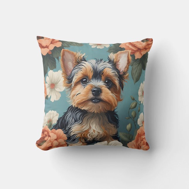 Cojín Decorativo Cute Yorkshire Terrier Puppy Floral (Anverso)