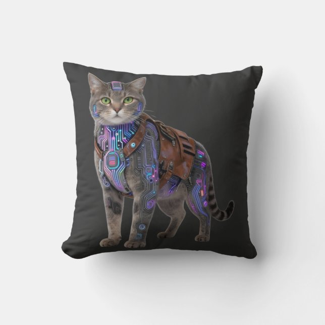 Cojín Decorativo Cyberpunk Circuit Cat – Neon Tech Beast (Anverso)