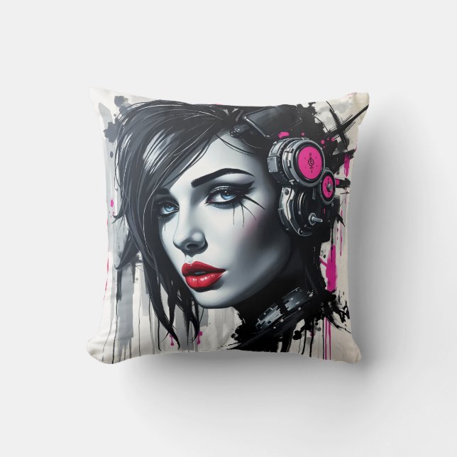Cojín Decorativo Cyberpunk Woman - Edgy Sci-Fi Art (Anverso)