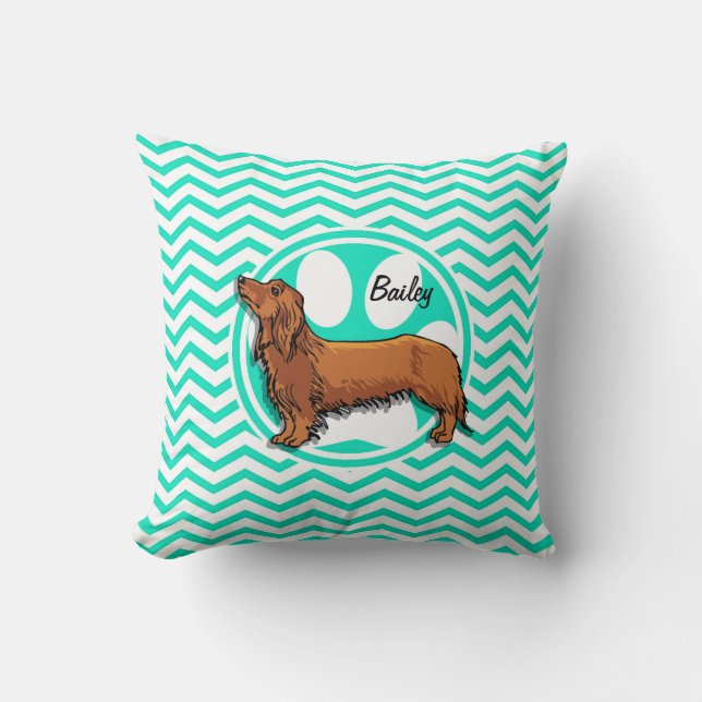Cojín Decorativo Dachshund; Aqua Green Chevron (Anverso)