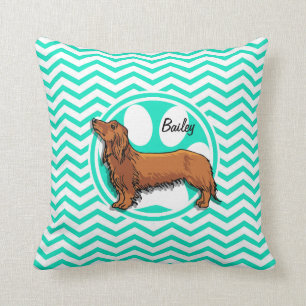 Cojín Decorativo Dachshund; Aqua Green Chevron