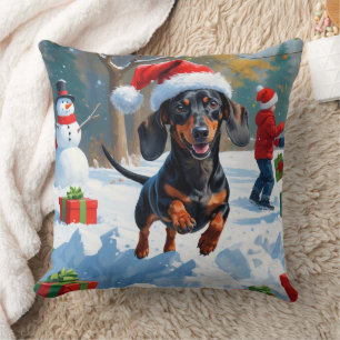 Cojín Decorativo Dachshund corre en nieve con Gorra Navidad
