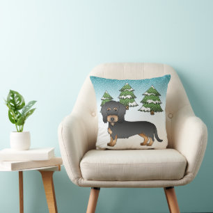 Cojín Decorativo Dachshund de pelo duro negro y marrón en bosque in