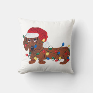 Cojín Decorativo Dachshund Enredado En Luces De Navidad 