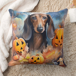 Cojín Decorativo Dachshund Halloween con calabazas espeluznante